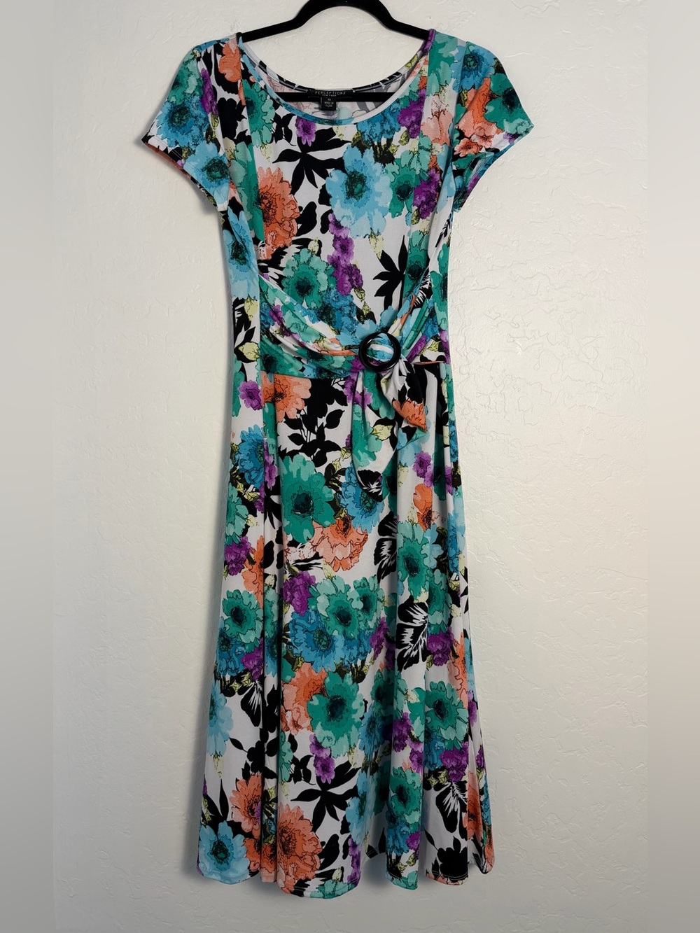 Perceptions Women's Dress Size XL O-Ring A-line Teal/Orange Floral Short Sleeve